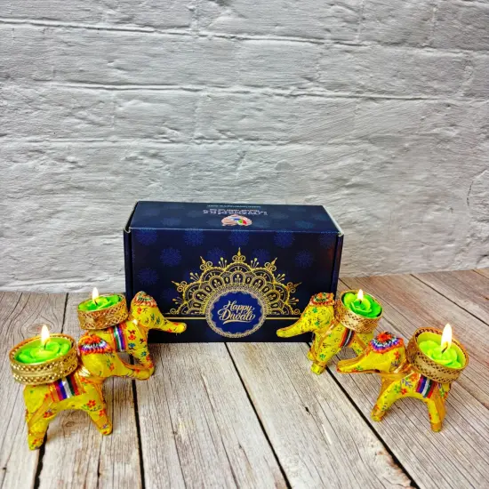 Personalized Diwali Gifts Hamper Set of 4 Elephant Tealight Candle Holder Diwali Custom Gifts Boxes Indian Festival Deepawali Hamper for Employees Home Office Friends Family - Return Gift {7}