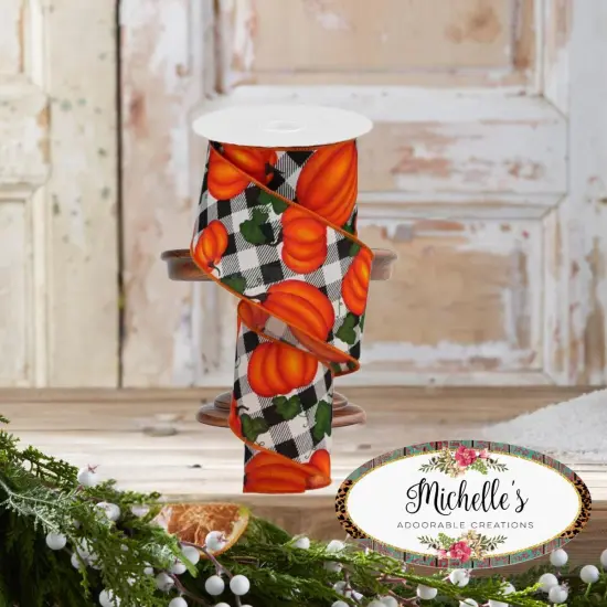 2.5" Leaves Pumpkin on Check Ribbon: Cream (10 Yards) {2}