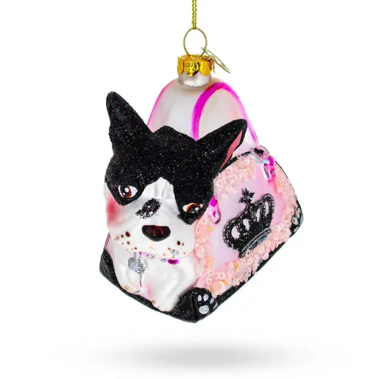 Boston Terrier in Pink Handbag Glass Christmas Ornament {3}