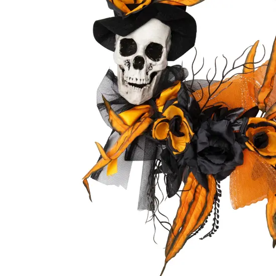 Northlight Skull with Roses Artificial Halloween Wreath - 14" - Black and Orange - Unlit {6}