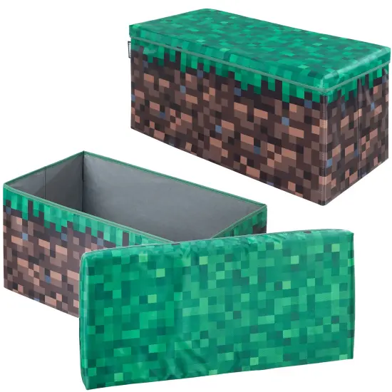 Minecraft: Bench Storage Box - Large - Pixel Grass Block, Collapsible Toy Storage w/ Lid, Footrest, 11.8 x 23.6 x 11.8", Game Theme Decor, Licensed {6}