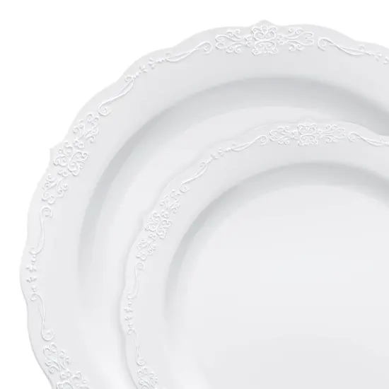 White with Silver Vintage Rim Round Disposable Plastic Dinnerware Value Set (120 Guests) {1}