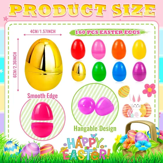 160Pcs Bright Colors Plastic Easter Eggs Bulk, 2.3 ", Fillable Empty Easter Eggs for Fillling Candy, Treats, Easter Hunt Basket Suffers Fillers {2}