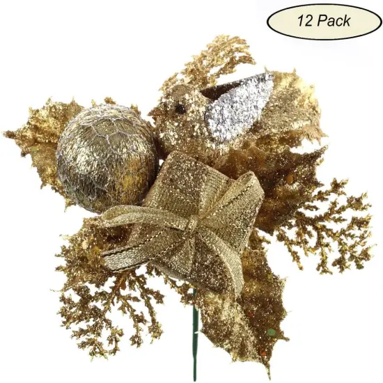 Set of 12: Traditional Gold Glitter Picks with Gift Box, Dove Bird, & Ornament Ball | Festive Holiday Decor | Trees, Wreaths, & Garlands | Christmas Picks | Home & Office Decor - 2024 Christmas Collection, Floral Home by Artificial Flowers {3}