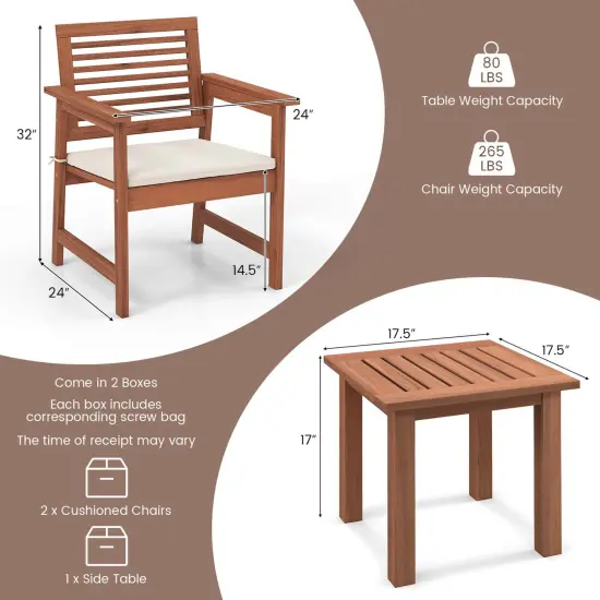 Costway 3 PCS Patio Furniture Set with 2 Seat Cushions Coffee Table Solid Wood Chairs {4}
