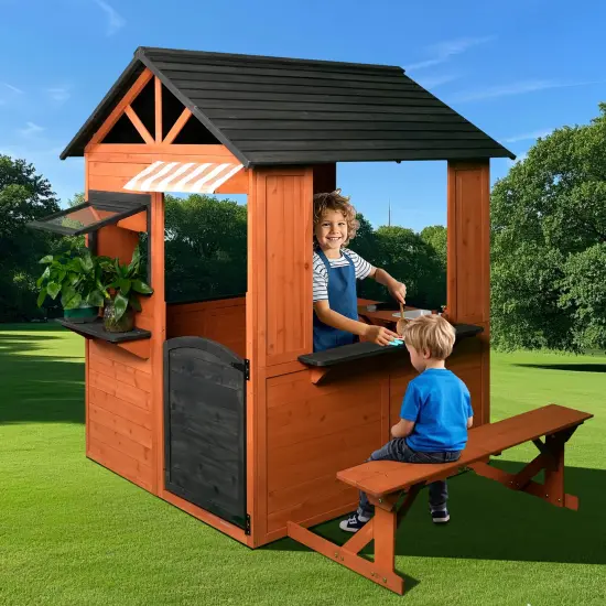 Easy Playhouse: Big Outdoor Wooden Playhouse - Working Door & Windows, Side Serving Station & Bench, Sink & Stove, Backyard Creative Toy Home, Kids 3+ {6}
