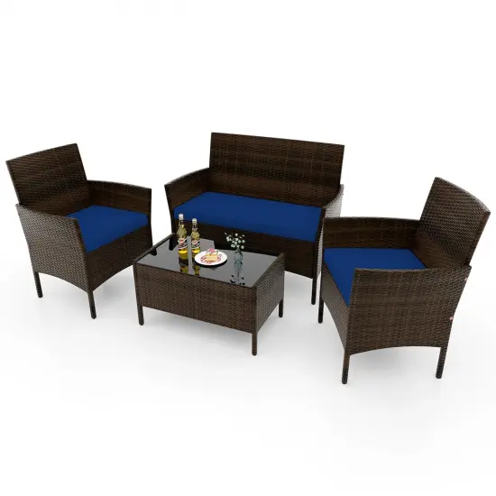 Costway 4 PCS Patio Furniture Set with Washable Cushions and Tempered Glass Coffee Table Beige/Black/Navy/Grey/Turquoise/Red/Blue/Orange {10}