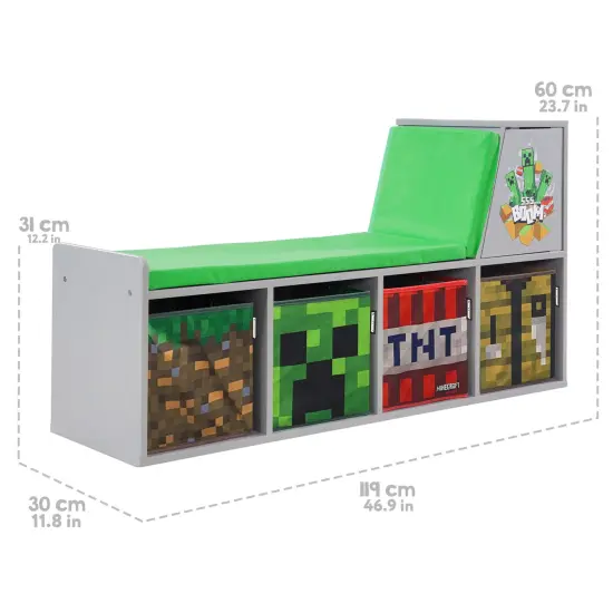 Minecraft: Storage Bench - Wooden Storage w/ Cushioned Reading Shelf, 4 Themed Storage Cubes, Seating & Organization In 1, Game Theme D&eacute;cor, Licensed {6}