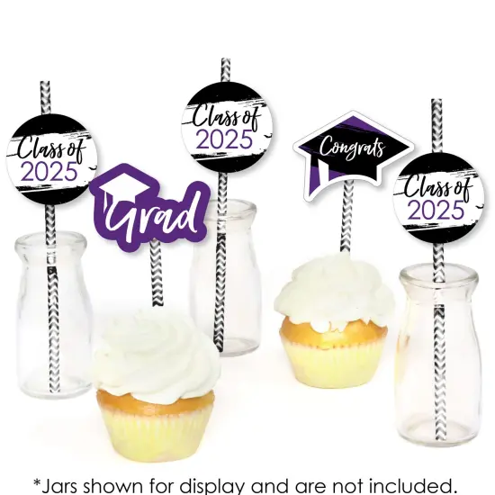 Big Dot of Happiness Purple 2025 Graduation Paper Straw Decor - Party Striped Decorative Straws - Set of 24 {6}