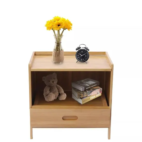 Bamboo Nightstand End Table With Drawer Storage Cabinet For Indoor Bedroom Home {2}