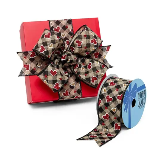 Glitter Hearts on Plaid Wired Ribbon 2.5" x 10 Yards {1}