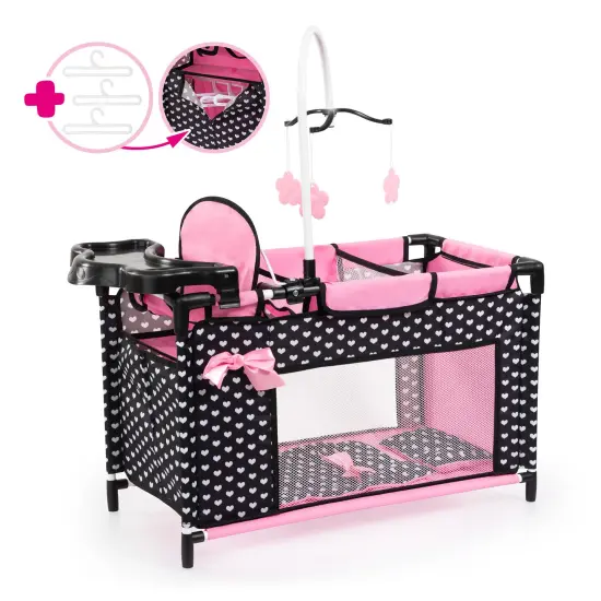 Bayer: Multi Bed - Black, Pink, Hearts - Accessory Set for Dolls Up to 18", Built-in High Chair, 3 Hangers, Pillow, Blanket, Kids Ages 3+ {1}