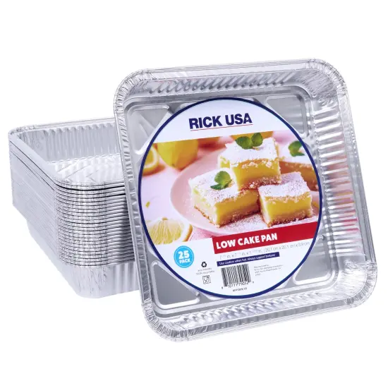 RICK USA: 8x8" Low Cake Pan - 25 Pack -Disposable Aluminum Foil, Multi-Purpose Baking-Cooking, Durable, Grill-Oven-Freezer-Dishwasher Safe, Recyclable {1}
