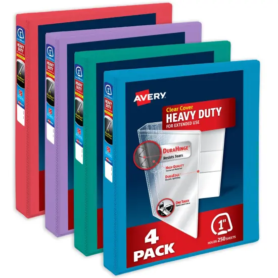 Avery Heavy-Duty View 3 Ring Binders, 1 Inch One Touch Slant Rings, 250-Sheet Capacity, DuraHinge, 1.4 Inch Wide Spine, Customizable Clear Cover and Spine, Assorted Bright Colors (4-Pack of 79630) {1}