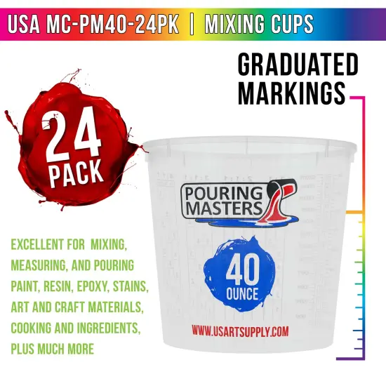 40 Ounce (1200ml) Graduated Plastic Mixing Cups (Box of 24) - Paint Mixing Cups for Epoxy Resin, Art, Kitchen, Baking - Measurements in OZ and ML, 4 Different Measuring Ratios 1:1 {2}