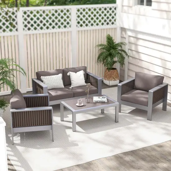 Costway 2 PCS Aluminum Single Sofa Outdoor Furniture Set with Thick Back & Seat Cushions Grey {2}