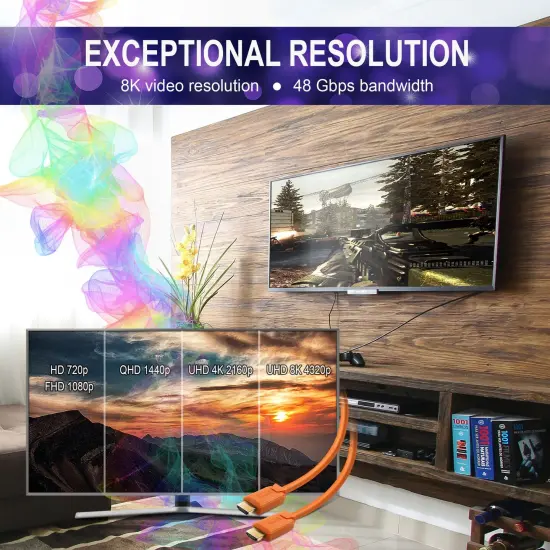 Insten - HDMI Male to Male Cable, 2.1 Version, 8K 60Hz, 48Gbps, PVC Cable, Gold Connectors, 3ft , Orange {3}