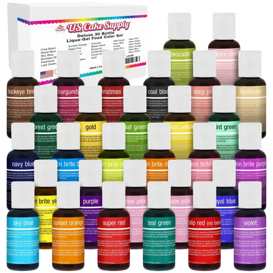 30 Color Cake Food Coloring Liqua-Gel Decorating Baking Deluxe Set - 0.75 fl. oz. (20ml) Bottles - Made in the U.S.A. {1}