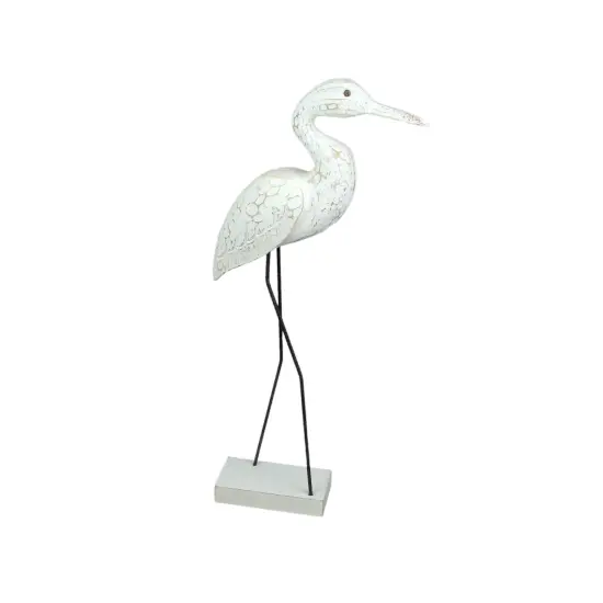 Hand Carved Wood and Metal White Egret Bird Statue 21 Inches High Coastal Decor {3}