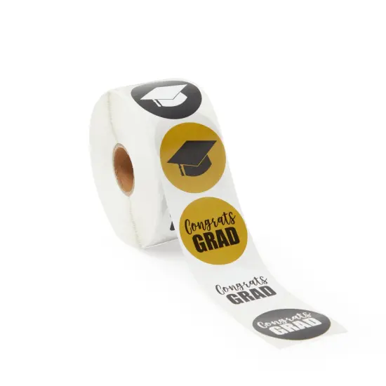 1000 Count Graduation Stickers Roll, Self Adhesive Congrats Grad Cap Invitation Envelope Seals Decal, Class of 2025 Party Supplies (Black, Gold, 1.5 Inch) {1}