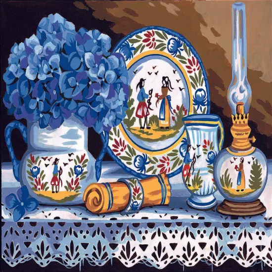 Needlepoint canvas for halfstitch without yarn Earthenware and Hydrangeas MRC1531312 Margot de Paris Printed Tapestry Canvas {1}