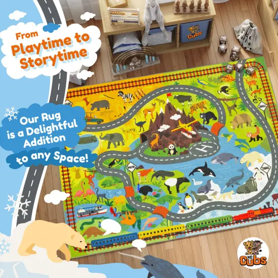KC Cubs: Educational Rug: Animal Safari Road Map - 3x5' Playmat - Interactive Toy Car Route, Activity Area Carpet, Bedroom-Classroom, Baby-Toddler-Kid {3}
