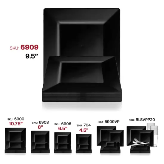 Black Square Plastic Dinner Plates - 9.5" (120 Plates) {6}