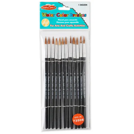 Water Color Paint Brushes with Round Pointed Tip, # 6, 11/16", Camel Hair, Black Handle, Pack of 12 {1}