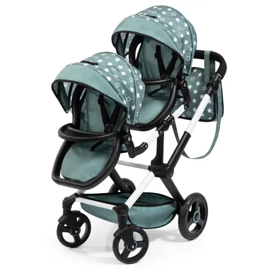 Bayer: Pram Xeo Twin - Green & White Stars - Seats 2 Dolls Up to 18", Shoulder Bag, Adjustable Handle, Foldable, Kids Toy, Ages 3+ {1}