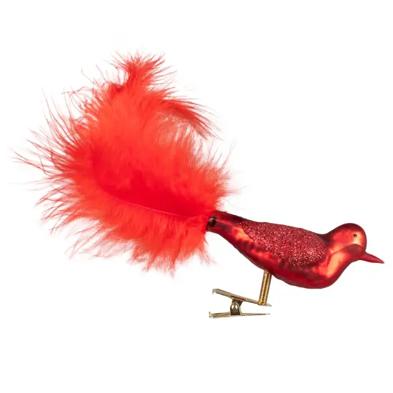 Northlight Glitter Winged Bird with Tail Clip On Glass Christmas Ornament - 5.5" - Red Orange {6}