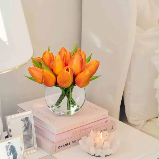 Artificial Orange Tulips in Vase with Faux Water 6" Real Touch Flowers Fake Tulips Small Flowers Arrangement in Round Glass Vase for Mother's Day Table Centerpiece Wedding Home Decor {3}