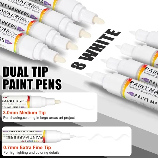 White Paint Pen Paint Marker - 2 PCS Dual Tip Oil Based White Permanent Markers, Extra Fine Tip and Medium Tip (0.7mm & 3mm), Quick Drying, Waterproof, Marker Pen for Fabric (2 White) {3}