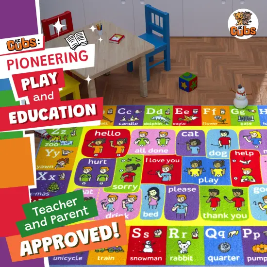 KC Cubs: Educational Rug: ABC Alphabet ASL Sign Language - 5x7' Playmat - Interactive Play, Activity Area Carpet, Bedroom-Classroom, Baby-Toddler-Kids {6}