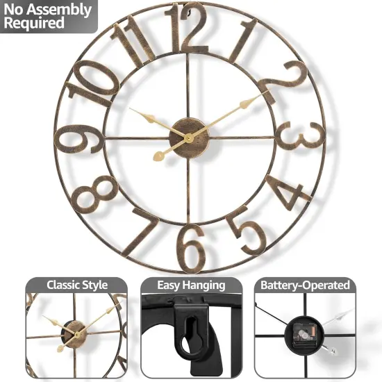 Sorbus Large Wall Clock - 24-inch Decorative Numeral Wall Clock - Battery Operated Analog - Living Room and Kitchen D&eacute;cor Bronze {4}