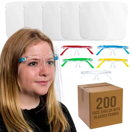 200 Kids Face Shields with Glasses Frames (20 Packs of 10) - 5 Colors, 40 Each - Protective Children's Full Face Shields - Anti-Fog PET Plastic {1}