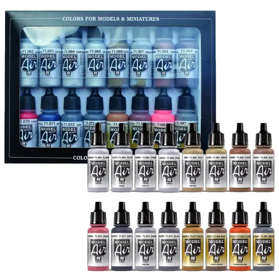 Vallejo Paints: Model Air Color Set - Metallic Effects - 16 Paint Colors - 18ml (.60oz) Bottles, Acrylics For Modeling & Miniatures, Opaque, Hobby {6}