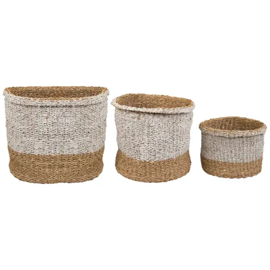 Northlight Round Wicker Table and Floor Baskets - Beige and White - Set of 3 {3}