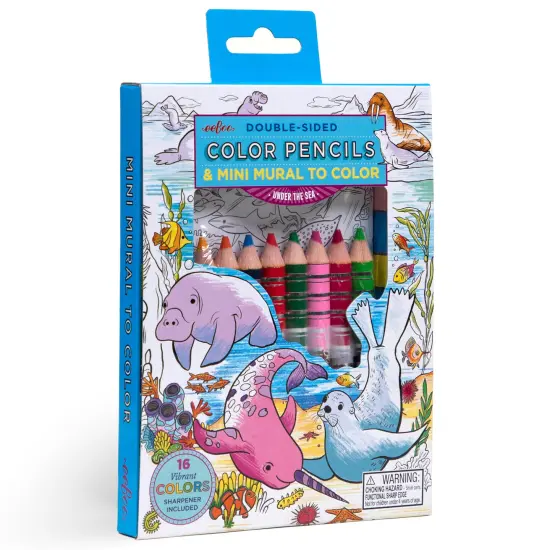 eeBoo: Biggies Color Pencils: Under The Seas - 8 Double-Sided Chunky Pencils & Mini Ocean Coloring Mural, Shiny Foil Accents, Sharpener, Kids Age 3+ {1}