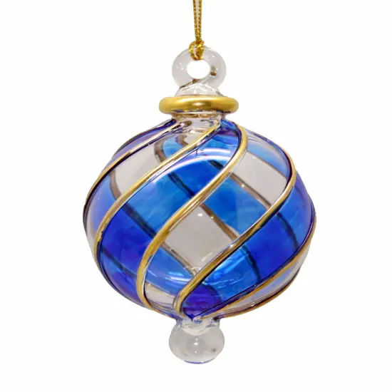 Blown Glass with Golden Swirl Rib Ornament - Blue {1}