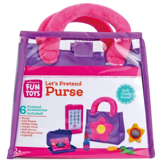 Nothing But Fun Toys: Let's Pretend - Purse - Pink & Purple Play Set, Soft Cloth Bag & Accessories, Phone-Wallet-Lipstick-Keys-Mirror, Kid-Toddlers 2+ {5}