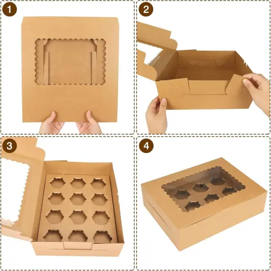 34 Sets Cupcake Boxes, Hold 12 Count Cupcake Containers, Brown Containers with Window and Inserts, 13 x 10 x 3.5 Inches Kraft Bakery Carrier Boxes for Birthday Holiday Party Bakery Supplies {3}