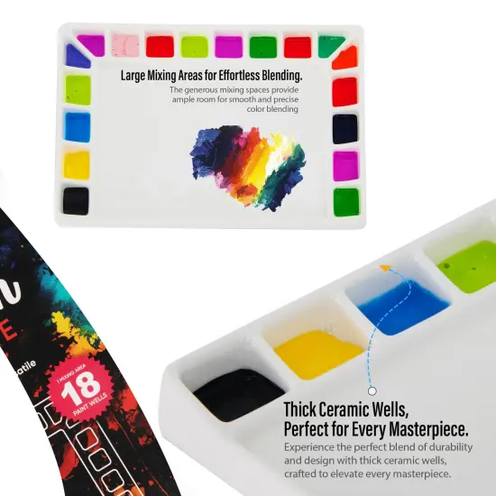 Pintar Ceramic Watercolor Paint Palette Tray - 18 -Well Ceramic Palette | Rectangle - 8''x5.5''x0.75'' Paint Pallet | Durable Watercolor Palette Tray for Acrylic, Oil, Gouache & All Water-Based Paints {4}