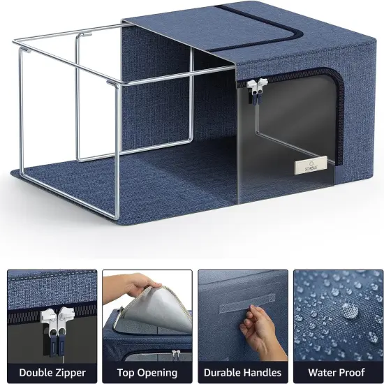 Sorbus 1 Pack Storage Bin with Metal Frame - Stackable & Foldable Bedding, Linen, and Clothes Organizer Bags with Window and Handles Blue {2}