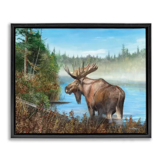Stupell Industries Rustic Moose Wading in Shore Framed Floater Canvas Wall Art Design by Kevin Daniel {1}
