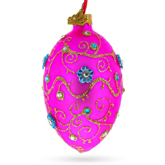 Diamond Swirl Flowers Pink Glass Egg Christmas Ornament 4 Inches {1}