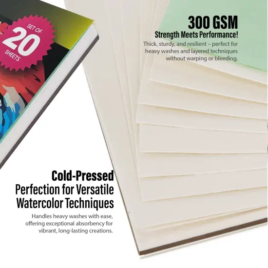 Pintar Watercolor Paper Block, 100% Cotton, 140lb/300gsm, Rough Grain, 20 Sheets, 12”x9" Paper Pad | Watercolor Book for Gouache, Oil and Drawing - Water Color Paper Pad for Painting & Sketching {4}