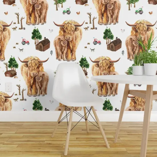 Pre-Pasted Wallpaper 2FT Wide Highland Cow Scottish Shaggy Calf Farm Scotland Barnyard Animal Barn Custom Pre-pasted Wallpaper by Spoonflower {1}