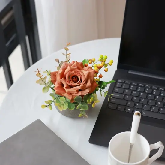 Small Artificial Flowers Potted Plant Fake Flower Realistic Silk Orange Rose and Greenery with Vase for Table Decor Centerpiece Bathroom Office Desk Shelves Room Decorations (R-Orange) {3}