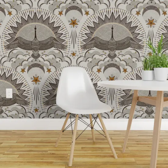 Peel & Stick Wallpaper 2FT Wide Rustic Bohemian Geese Night Sky Canadian Cabincore Farmhouse Flying Birds Stars Moon Clouds Wingspan Earthy Dots Lines Geometric Lodge Custom Removable Wallpaper by Spoonflower {1}