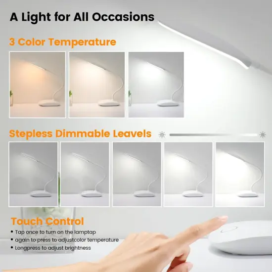 Battery Powered Desk Lamp, Portable Lamps Rechargeable 3 Color Modes Touch Control Stepless Dimming, Wireless Desk Lamp with 2000mAh, Small LED Table Light for Dorm Study Office Bedroom,Black {5}